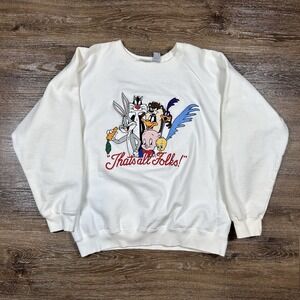 Vintage Looney Tunes Sweatshirt Mens M White AMCE Clothing Co 90s Embroidered